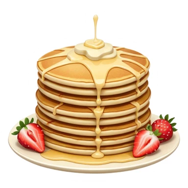 a stack of 3 pancakes with melted white chocolate drizzle on the top pancake and strawberries sticker