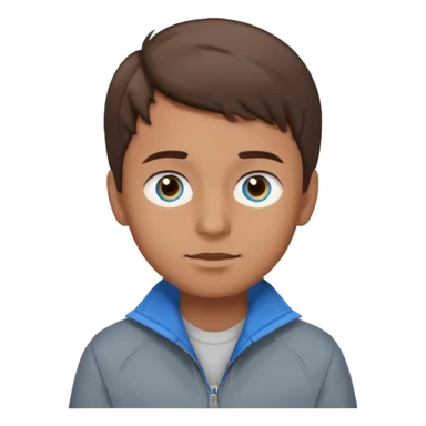 Fais-moi un garçon avec la peau bronzée les yeux bleus qui portent une veste grise avec les cheveux marrons version emoji sticker