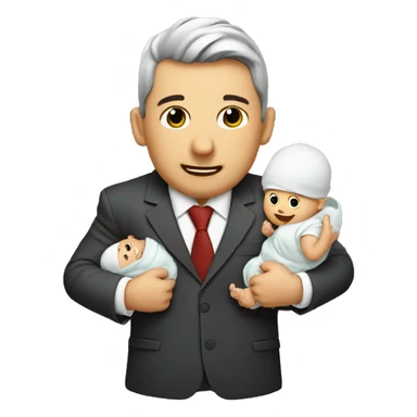 A businessman with 2 babies. Each baby is biting his hand sticker