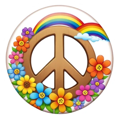 A round psychedelic colored button that says Peace with rainbow colored hippie style flowers sticker