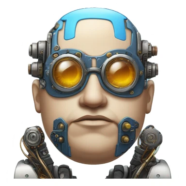 Fat bald cyborg head with tan skin, blue beard, blue steampunk goggles and circuits sticker