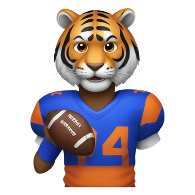 A tiger with a football and is wearing royal blue and orange sticker