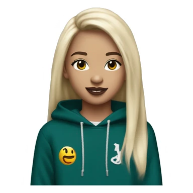 14 year old with long light blonde hair, middle part, chin length curtain bangs, smirking smile, dark teal eyes, long black eyelashes, wears a mulberry hoodie, black leggings, mulberry converse, black pearl earrings, wears a silver cancer sign necklace. sticker