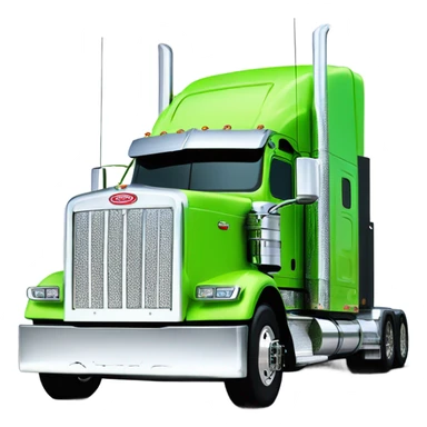 neon green peterbilt semi truck lowered on the ground with large chrome wheels and chrome smoke stacks profile view sticker