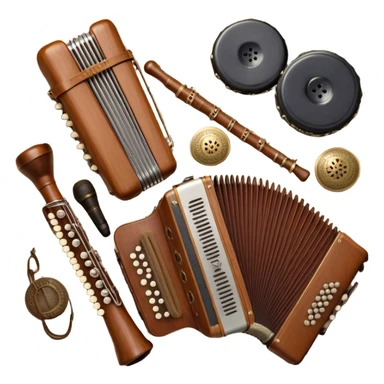 Create a colorful and cultural humanless emoji representing folk singing. The design should feature a collage of traditional folk instruments, such as a wooden flute (dudka), a button accordion (harmon), a set of gusli, and a tambourine (buben), all arranged in a harmonious, flowing design around a vintage microphone. The instruments should have earthy, natural tones like wood browns, brass accents, and vibrant colors reflecting their folk origins. Add subtle musical notes to tie the elements together, symbolizing the power of folk music. The background should be transparent. sticker