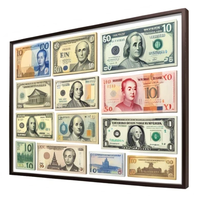 Icon for Banknote Collecting: old and new banknotes from different countries such as Euro, Dollar, Yen, Krona, Yuan, and others, displayed in frames on a wall. The icon should evoke the diversity and richness of currency collection. Transparent background. sticker