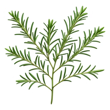 Cinematic Realistic Rosemary Emoji, Fragrant and fresh, with slender green stems covered in needle-like leaves, which release a distinctive herbal scent. The plant seems to exude energy, with soft sprigs of leaves stretching upwards. Soft glowing outline, capturing the essence of earthy healing and aromatic delight in a sprig of rosemary! sticker