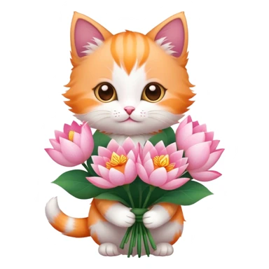 Kitten holding a bouquet of lotus flowers sticker