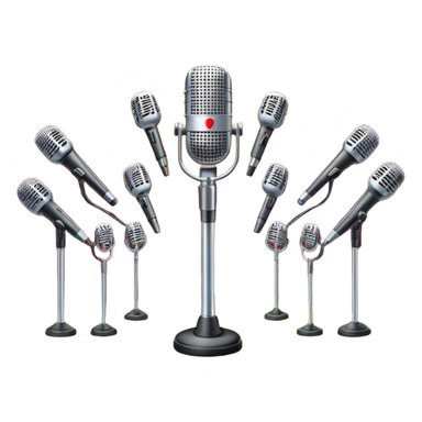 Create a vibrant and dynamic emoji that represents choral vocal performance. The design should feature 10 vintage stage microphones arranged in a semi-circle on a concert stage, symbolizing a vocal group or choir. Add musical notes flowing around the microphones to represent harmony and unity in the performance. Include concert lighting and a celebratory atmosphere to convey the excitement of live music. Use bright, bold colors like red, gold, and silver to emphasize the energy and glamour of the stage. The background should be transparent. sticker