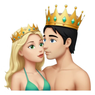 Blonde Queen with crownGreen eyes in Bikini kissing Male subject without crown black hair blue eyes Background clouds sticker