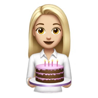 White girl with blonde straight hair, mauve lips, white shirt, birthday cake in hands sticker