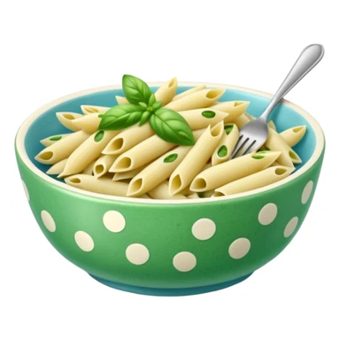 green pesto penne pasta in a light blue polka dot bowl sticker