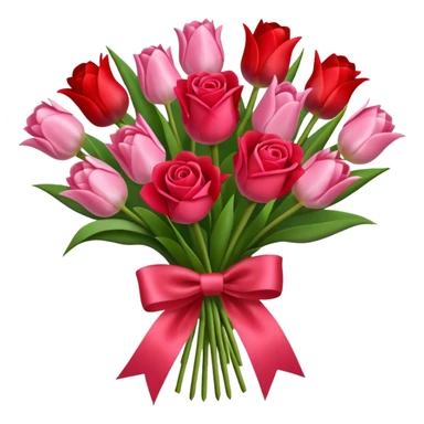 Create an bouquet with red and pink roses and tulips inside a white flower bouquet with red ribbon around it sticker