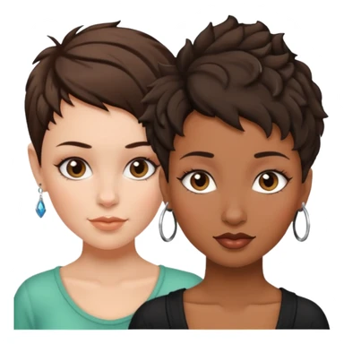 white woman brunette with a pixie hairstyle and black woman with locks and a piercing on the nose sticker