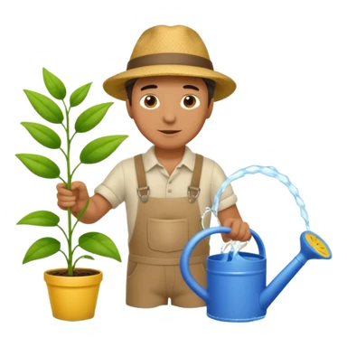 man pouring water onto a green plant,  with a watering can in hand,  sticker