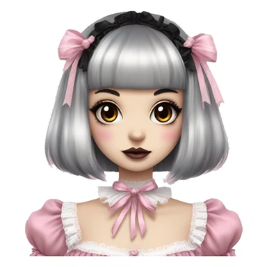 pale woman with short split dyed black and white hair and bangs, pink lips and eyeshadow, long eyelashes, brown eyes, pink Lolita dress with laces and ribbons, gothic Lolita doll look sticker