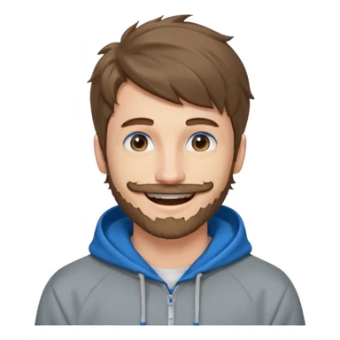 25 year old man, short scruffy beard and thin moustache, brown puffy mullet, blue eyes, big smile, white teeth, big lips, pronounced jaw, hair longer in back, sticking up on top, thin face, grey hooded sweatshirt, pale skin, big smile sticker