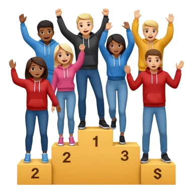winners’ podium with multi-racial people, middle step higher, no numbers, fun, casual clothes like jeans and hoodies, very excited, fun, expressive emoji style sticker