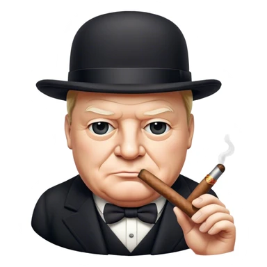 Cinematic Realistic Winston Churchill Portrait Emoji, depicted as a resolute British statesman with a signature bowler hat and a cigar, exuding determined leadership and wartime valor, rendered with lifelike textures and dramatic vintage lighting that captures his iconic British spirit. sticker