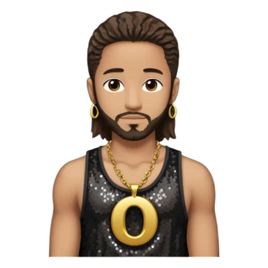 Omarion with long dark brown hair, dark brown sequin tank top, necklace with letter o sticker