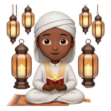 Personnage 3D mignon en style Pixar, un petit garçon portant un qamis blanc et un kufi, tenant un tapis de prière, entouré de lanternes brillantes, fond doux, couleurs chaudes, garçon teint noir sticker