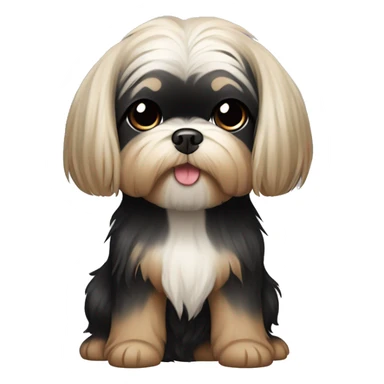 long black hair korean girl with her beige and black shih tzu yorkie. The dog has a round face, short ears and has light distinct eyebrows  sticker