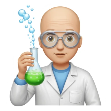 chemist emoji, bald person with safety goggles, holding a beaker with bubbling liquid sticker