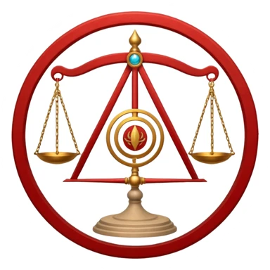 A circular casting sigil inspired by the Wizard101 Balance School, featuring ancient alchemical and arcane motifs. The base color is sand, with red trim accents. At the center is a golden balance scale as the primary focal symbol. sticker