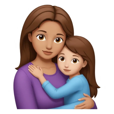 Crea a una mamá abrazando a una niña pequeña (su hija) la madre morena y la hija blanca y de cabello castaño sticker