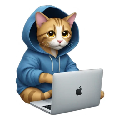 cat with hoodie and a macbook sticker