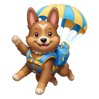 A cheerful cartoon dog wearing a parachute pack, mid-air with a parachute open above, smiling with ears flapping in the wind, surrounded by fluffy clouds and a bright blue sky. sticker