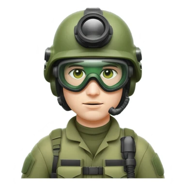 white-skinned male modern soldier in green upgraded equipment, ultra-modern helmet with night vision goggles, mask, cool and brutal, emoji style sticker