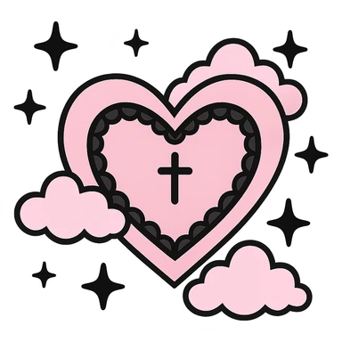pastel goth heart with pastel clouds and black stars, soft pink and black, cute gothic style sticker