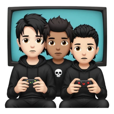 pale Goth boy with a bunch of face piercings, with shaggy dark brown hair, next to a tan skin gamer boy with long black hair , they are watching tv together  sticker