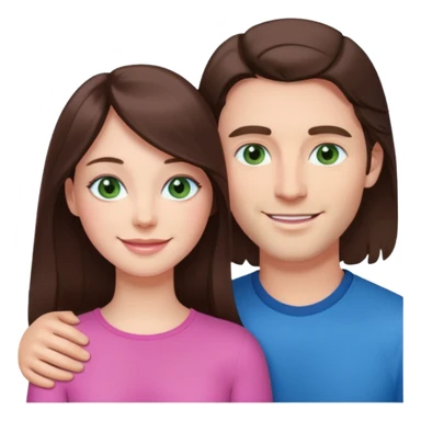 pink polaroid photo of a couple thats white with long brunette hair blue eyes and a white guy with short brunette hair and green eyes sticker