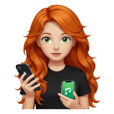 Girl with dark long orange wavy hair, green eyes, and black t-shirt and phone with tiktok app on hands sticker