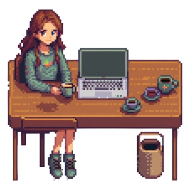 girl at desk with MacBook, coffee cup nearby, cozy atmosphere, pixel art style sticker