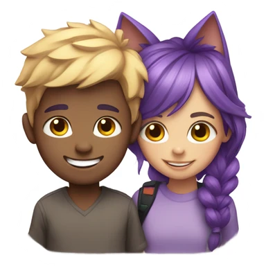 Smiling girl with purple hair and smiling boy with cat ears sticker