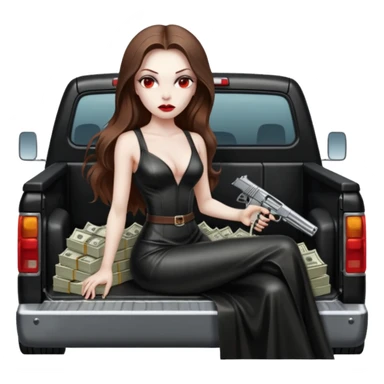 Lilith symbol red eye seductress evil long brown haired sexy succubus woman with leather long dress with slit on, sitting in Big Large F350 pickup truck. Back seat full of stacks of cash, she is  Holding a human skull of her enemies and a gun in other hand sticker