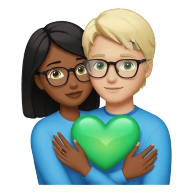 Un brazo abrazando un brazo abrazando un corazón un corazón azul emojidonde la mujer es de piel morena peli negra ojos cafes sin accesorios, y donde el hombre es piel blanca, pelo rubio, ojos verdes con lentes sticker