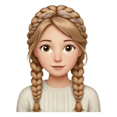 light brown hair blonde hair hazel eyes woman with a white cable knit sweater thatand one braid down her back  with tendrils of hair flowing down her face and she is happy pale, some freckles, blush. she has a cateye wing and long lashes she has eyeliner sticker
