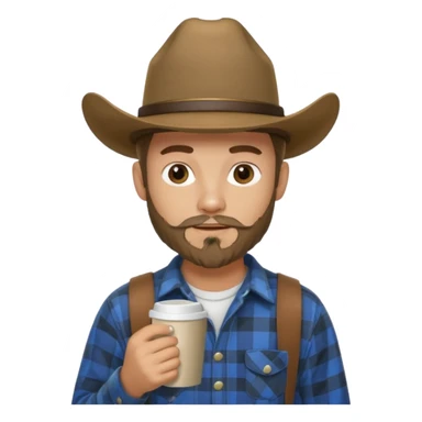 generate an ios genmoji of a 20 year old tan boy with a cowboy hat and mutton chop beard. Wearing a flannel and carrying a coffee mug sticker