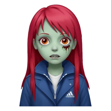 Crie um emoji de uma menina com bochecha gordinha com o cabelo vermelho longo com uma franja reta zumbi casaco de gola alta da adidas sticker