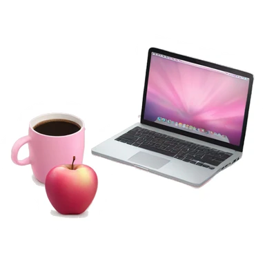 Pink apple computer with coffee and a pink notebook on top of the computer  sticker
