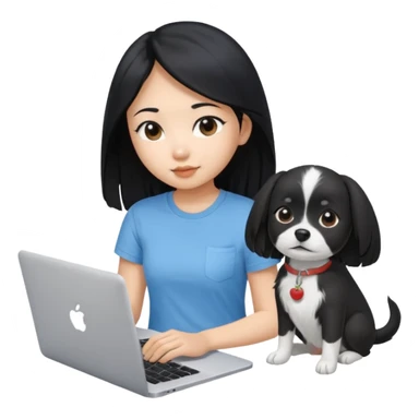 Asian girl long black hair, wearing a light blue t-shirt, working on an Apple laptop, next to her is a small black and white dog sticker