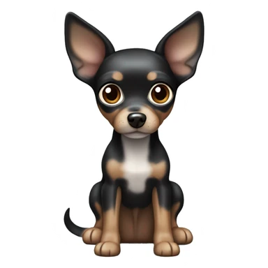 Cute Toy terrier, dark merle color (black, caramel and grey color, grey are spots) with big ears. One eye is dark brown, the other one is half dark brown half blue sticker