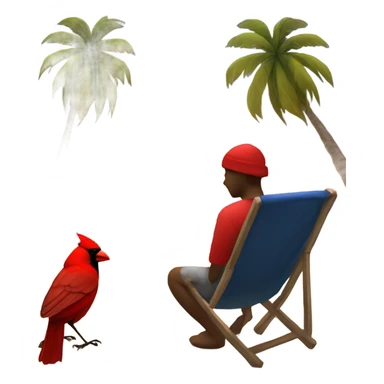 Create a picture of a person and a cardinal that are sad from grief sitting on beach with palm trees during a sunset sticker