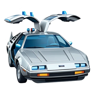 Retro-futuristic hover car inspired by the DeLorean, gullwing doors, silver metallic body with blue-tinted windows, stylized jet boosters in the back, flat vector style, outlined shapes, minimal design sticker