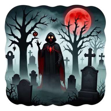 Icon for Horror Movies: A chilling collage with dark silhouettes of monstrous figures, eerie graveyards, and creepy elements like spiders and tombstones. Ghostly fog surrounds, with a blood-red moon in the sky. The mood is unsettling, eerie, and haunting. Transparent background. sticker