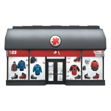“Hockey store exterior with bold signage, large windows displaying hockey equipment, jerseys, and gear, and a sleek, sporty design that captures the essence of the sport.” sticker